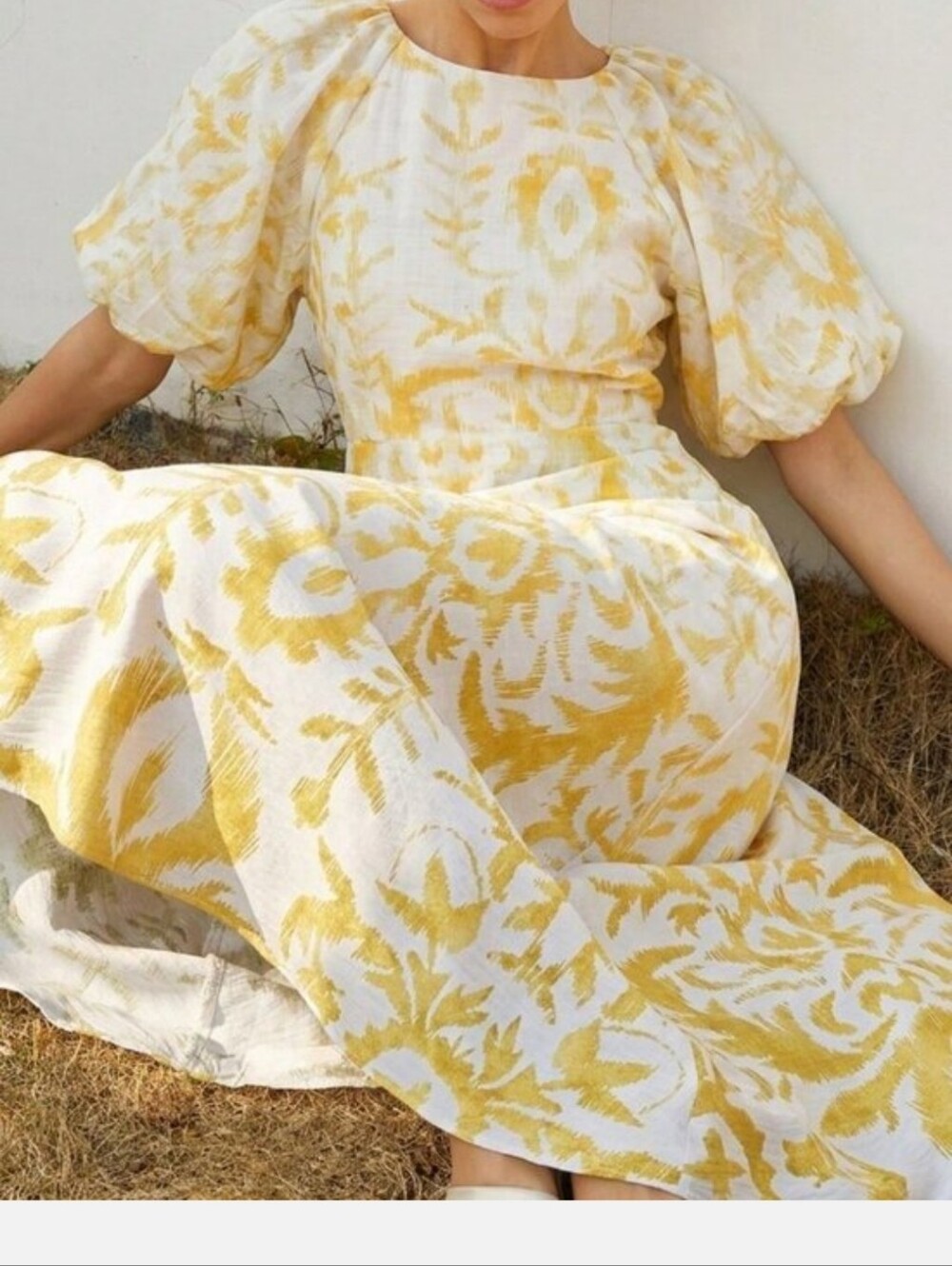 Light Yellow Boho Women's Bamboo Knit Floral Print Short Sleeve Cinched Dress